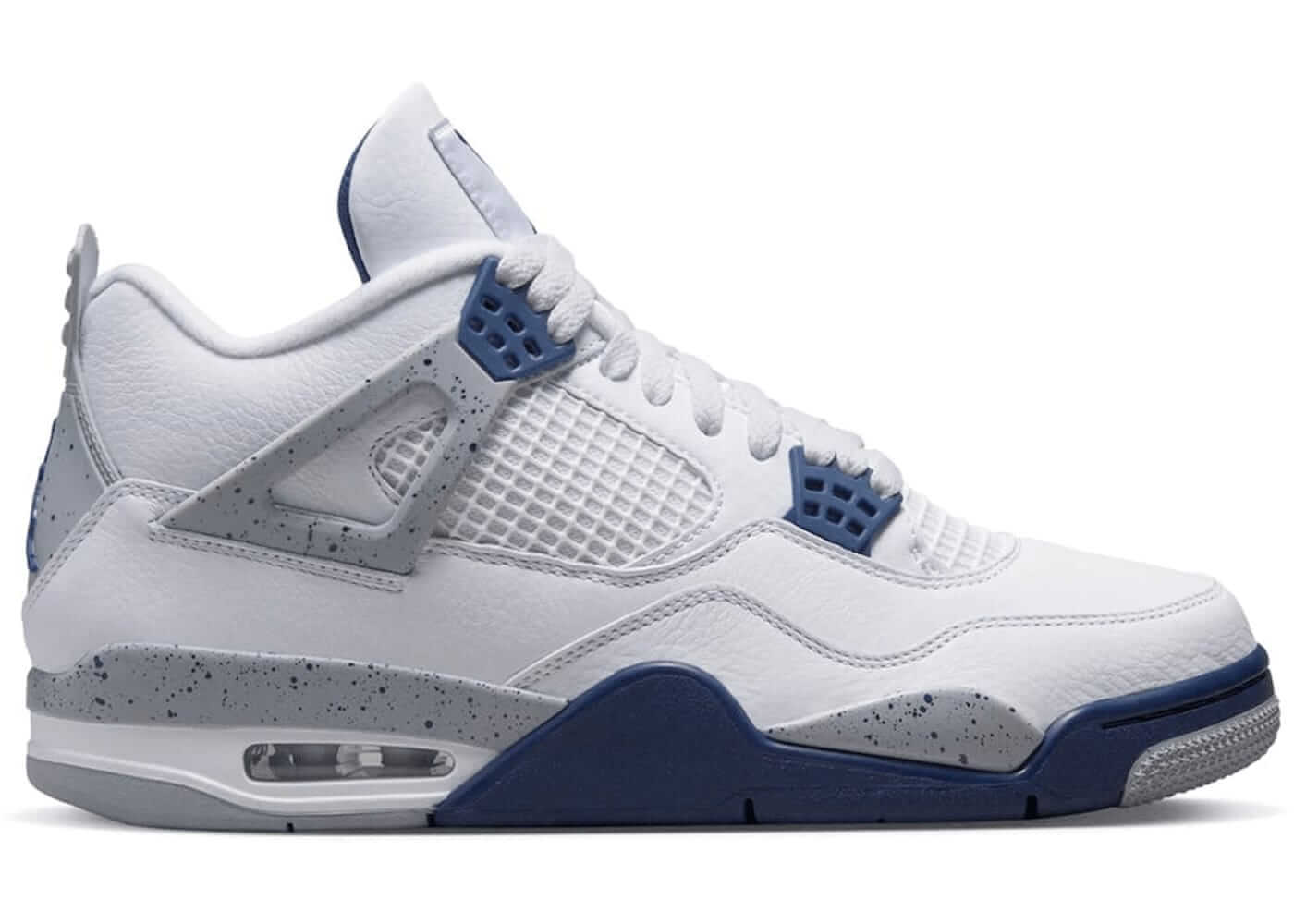 Jordan 4 Retro Midnight Navy sneakers in white and navy colorway, featuring iconic design and style.
