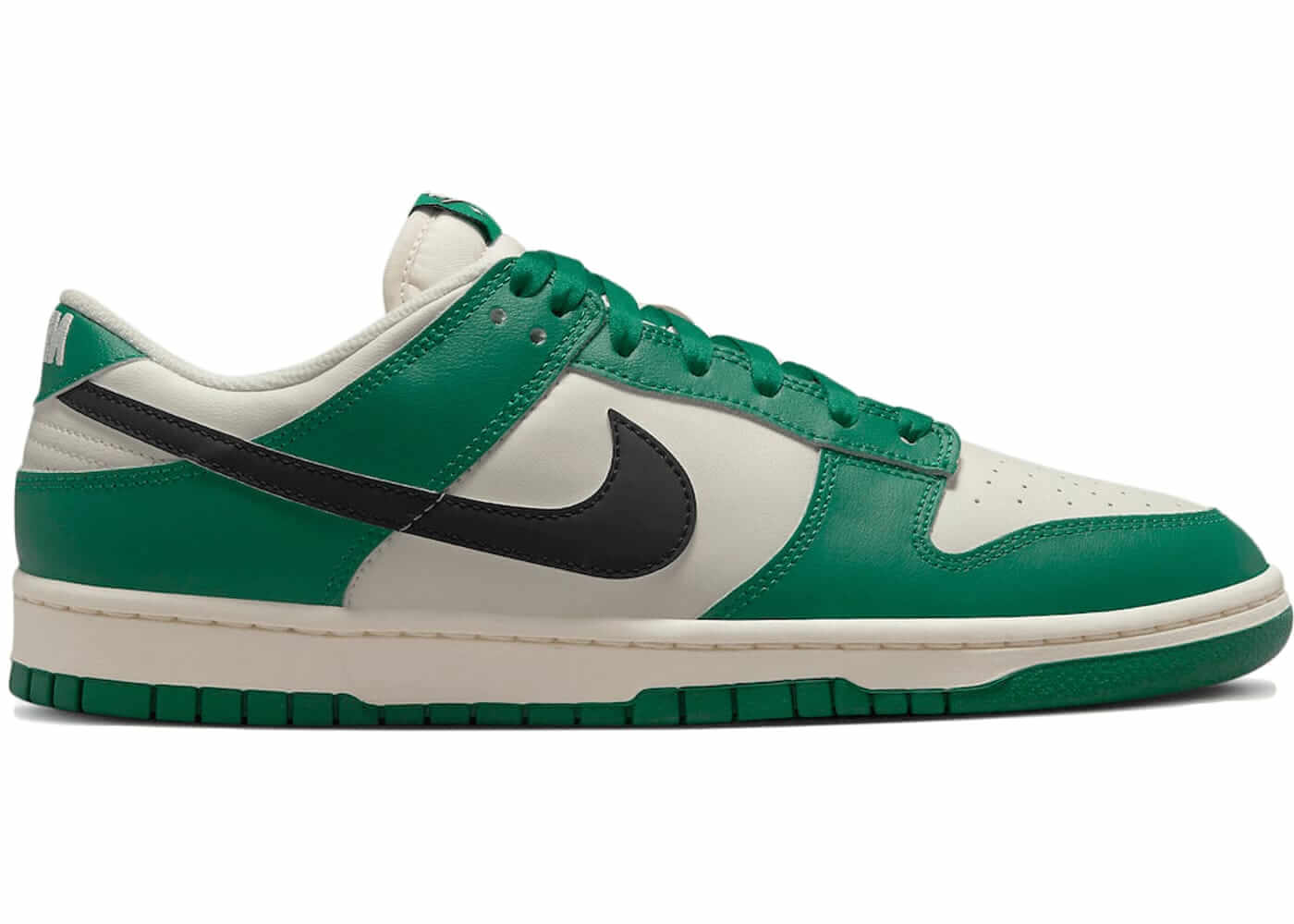 Nike Dunk Low Malachite Green sneaker with black swoosh, brand new and authentic, stylish athletic footwear.