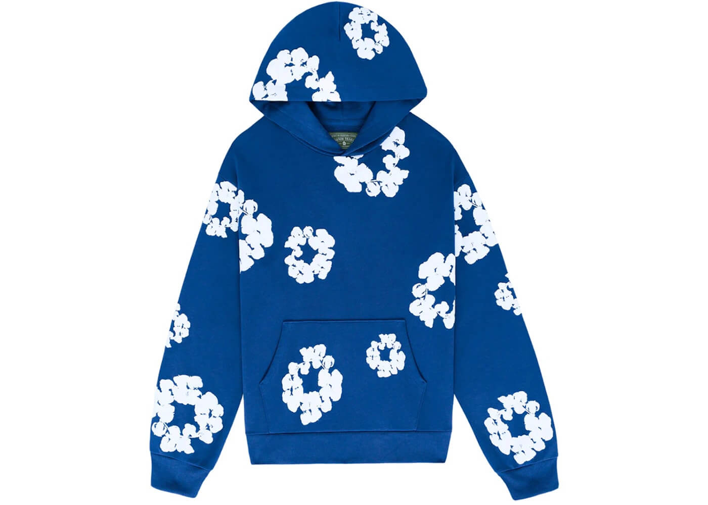 Denim Tears Cotton Wreath Sweatshirt in deep royal blue with white logo pattern, made from 100% cotton.
