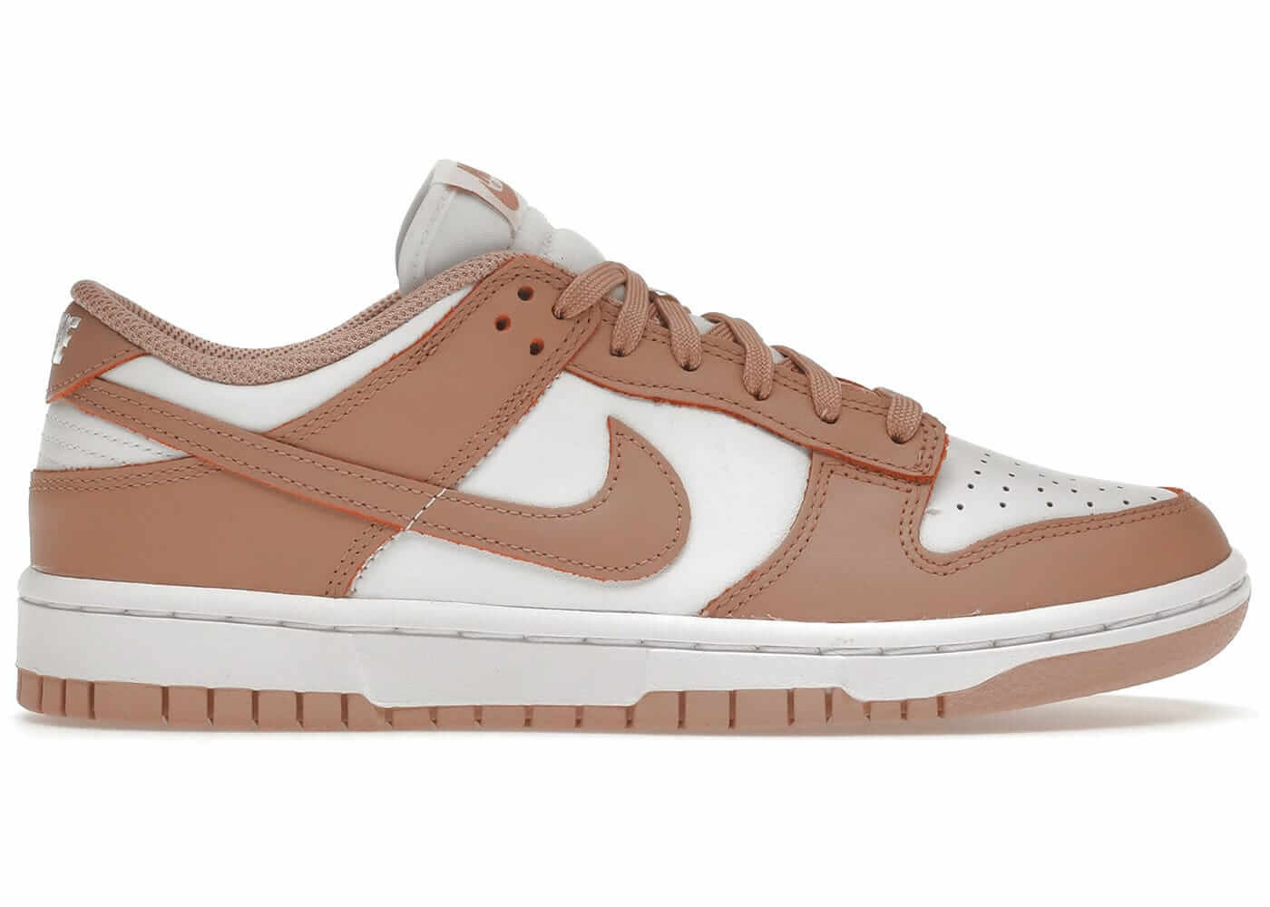 Nike Dunk Low Rose Whisper women's sneakers in light brown and white, featuring a classic silhouette and stylish design.