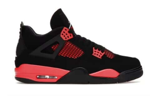 Jordan 4 Retro Red Thunder sneaker in black and red, 100% authentic, available in various sizes with next day shipping.