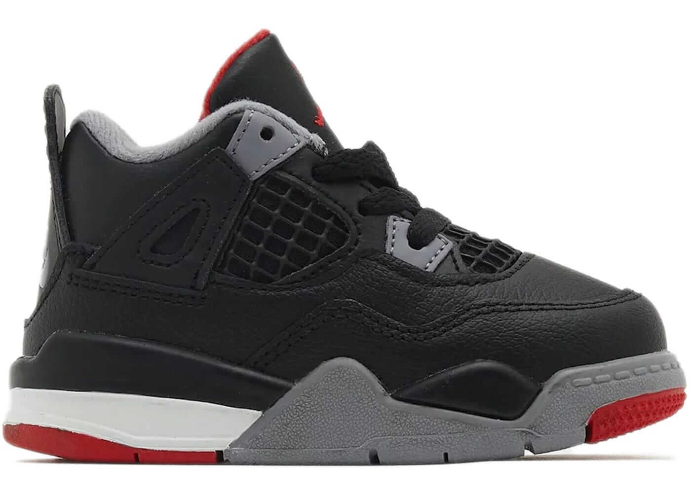 Jordan 4 Retro Bred Reimagined (TD) toddler sneakers in black, red, and gray. 100% authentic, next day express shipping available.
