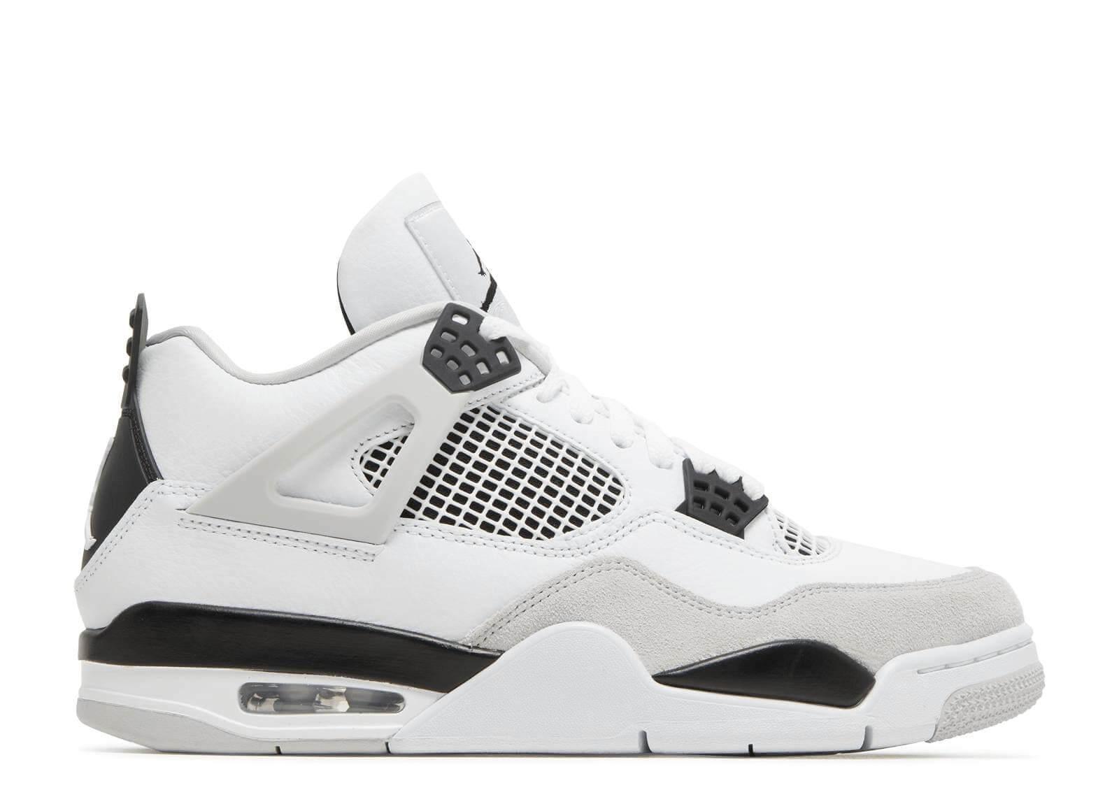 Jordan 4 Retro Military Black sneaker side view, brand new, 100% authentic, available with next day express shipping.