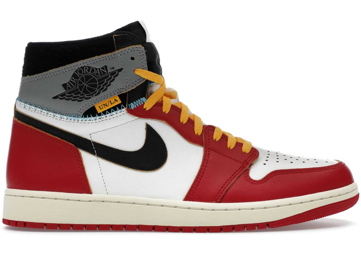Jordan 1 Retro High OG SP Union LA Chicago Shadow sneaker in red, white, and black colorway with unique detailing.