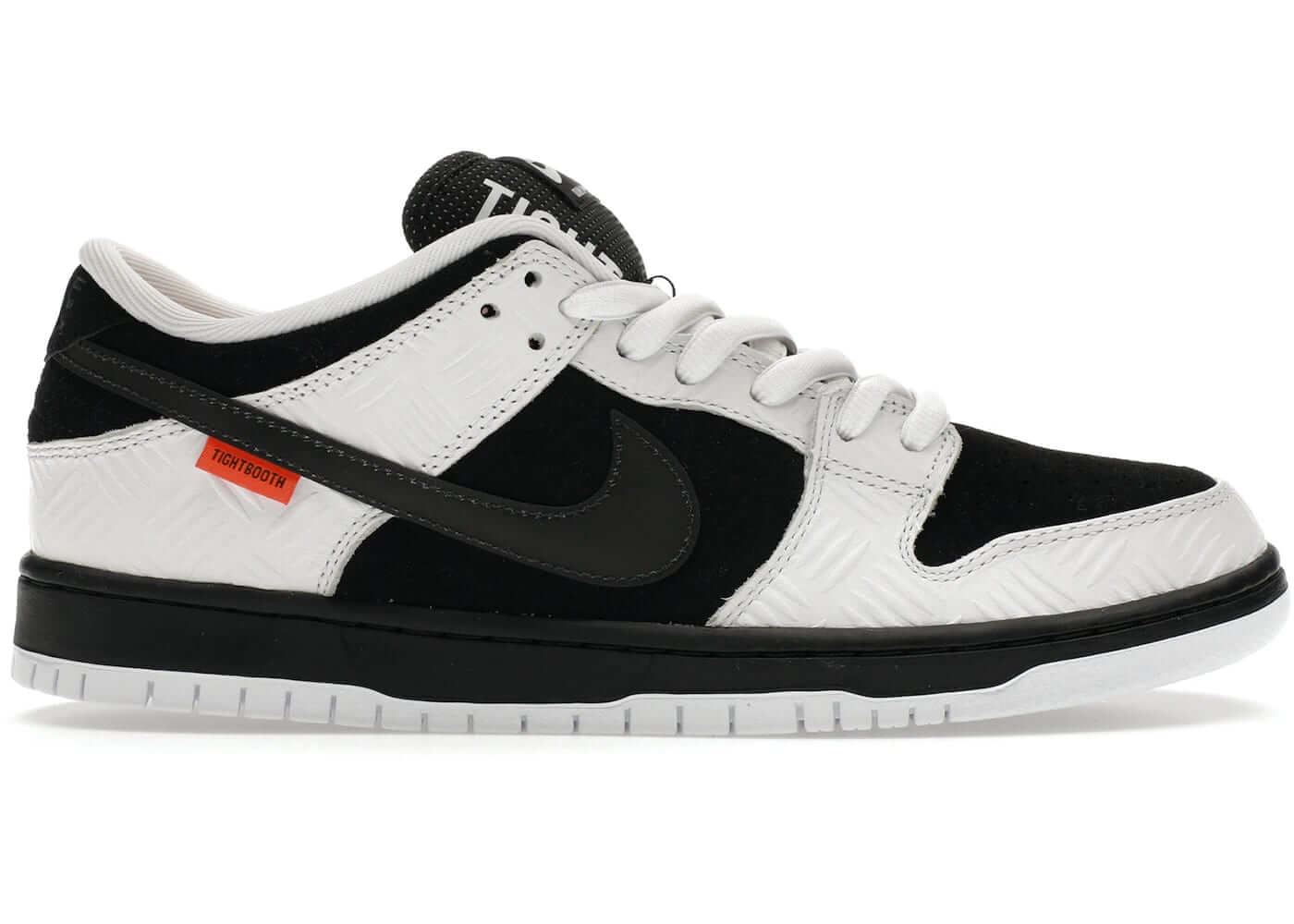 Nike SB Dunk Low TIGHTBOOTH in black and white, featuring a classic silhouette and unique design details.