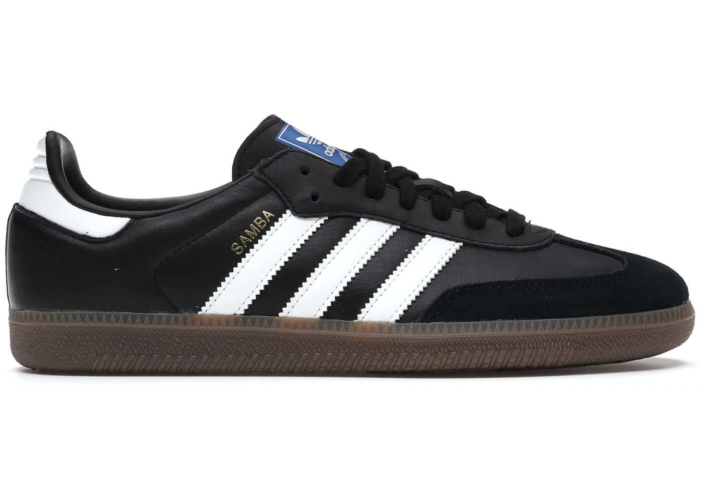 adidas Samba OG sneakers in black, white, and gum sole, featuring classic three stripes design, brand new and authentic.