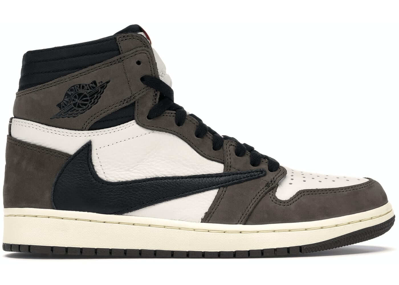 Air Jordan 1 Retro High OG SP Travis Scott Mocha sneaker featuring reversed Swoosh design and hidden pocket.