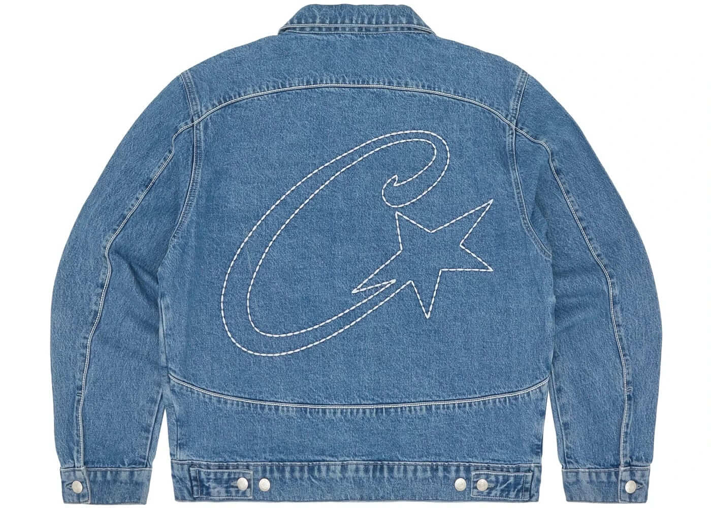 Back view of Corteiz C-Star Denim Trucker Jacket in blue showcasing elegant embroidery and washed denim fabric.