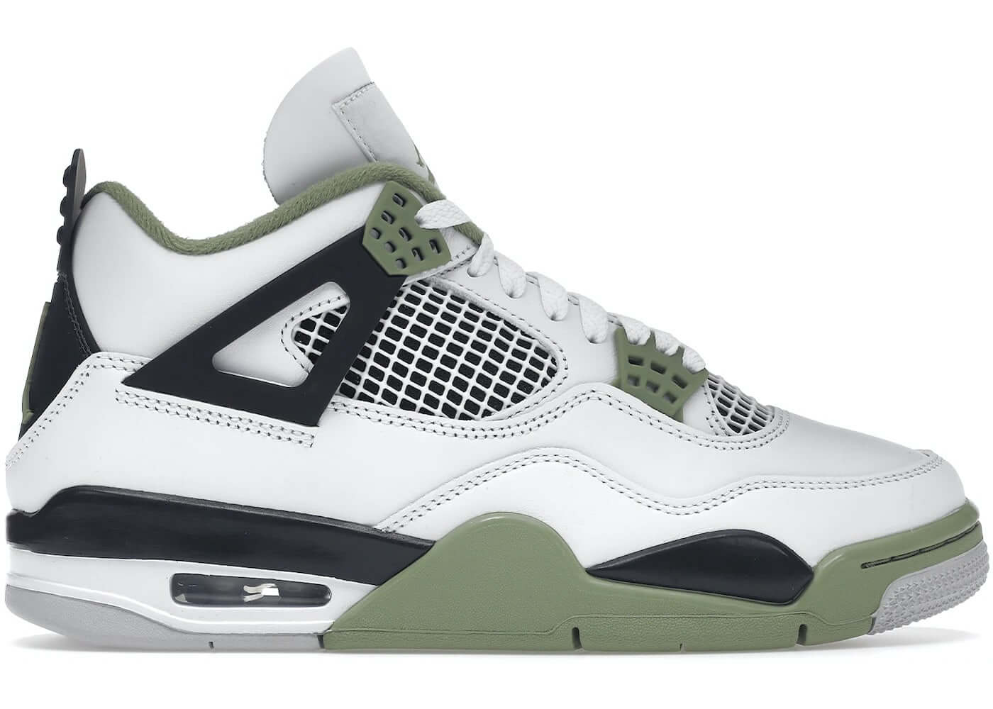 Jordan 4 Retro Seafoam women's sneaker, featuring white leather with seafoam green accents, 100% authentic.