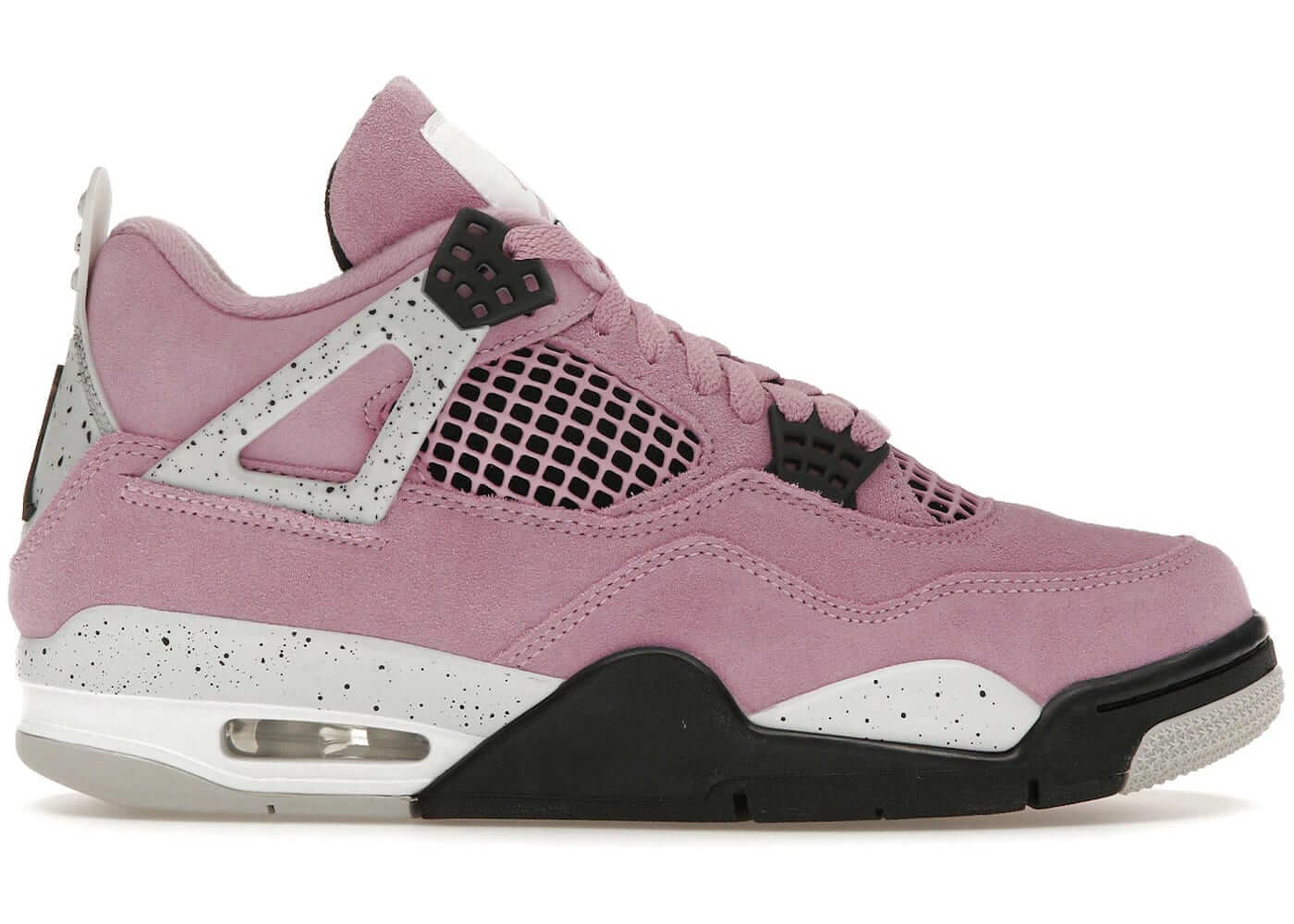 Women's Jordan 4 Retro Orchid sneakers in pastel purple with black and grey accents.