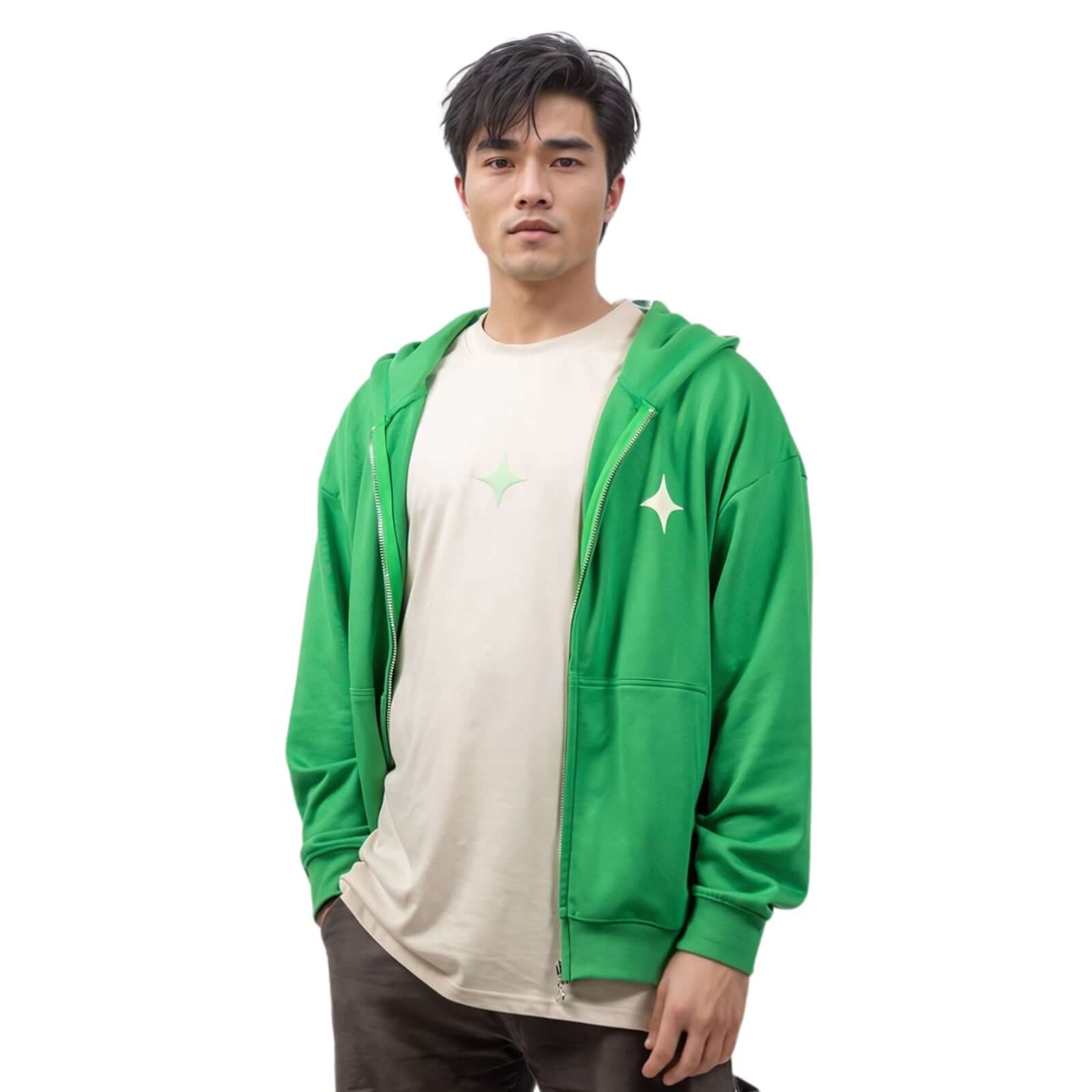 Man wearing a green zip-up hoodie, showcasing its relaxed fit and stylish design, perfect for casual outings.