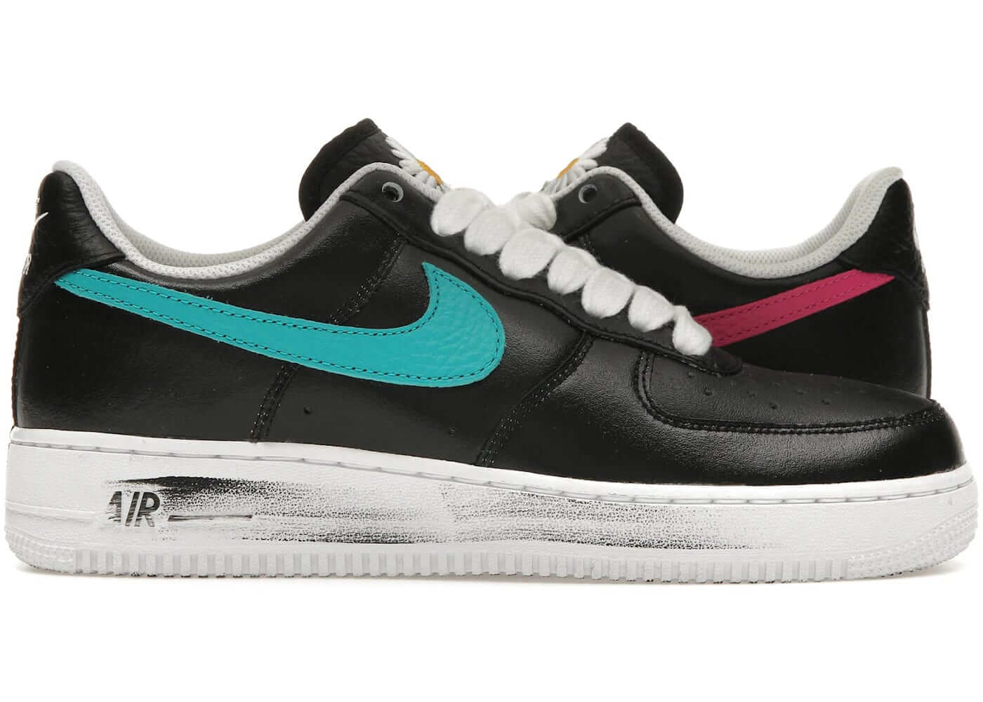 Nike Air Force 1 Low G-Dragon Peaceminusone Para-Noise 3.0 sneakers in black with teal and pink accents.