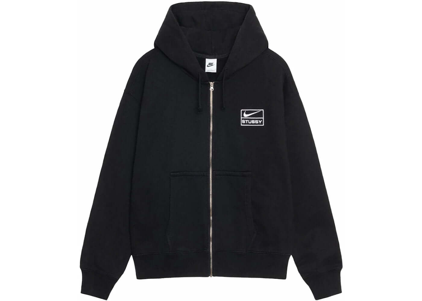 Stussy x Nike Stone Washed Fleece Zip Hoodie in black, featuring logo and zippered front, perfect for streetwear style.