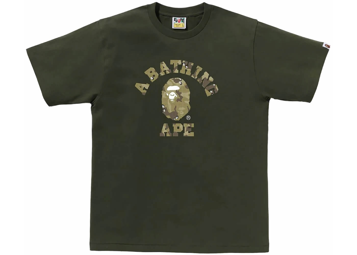 BAPE Bitmap College Tee in Olivedrab color featuring iconic ape logo on chest.