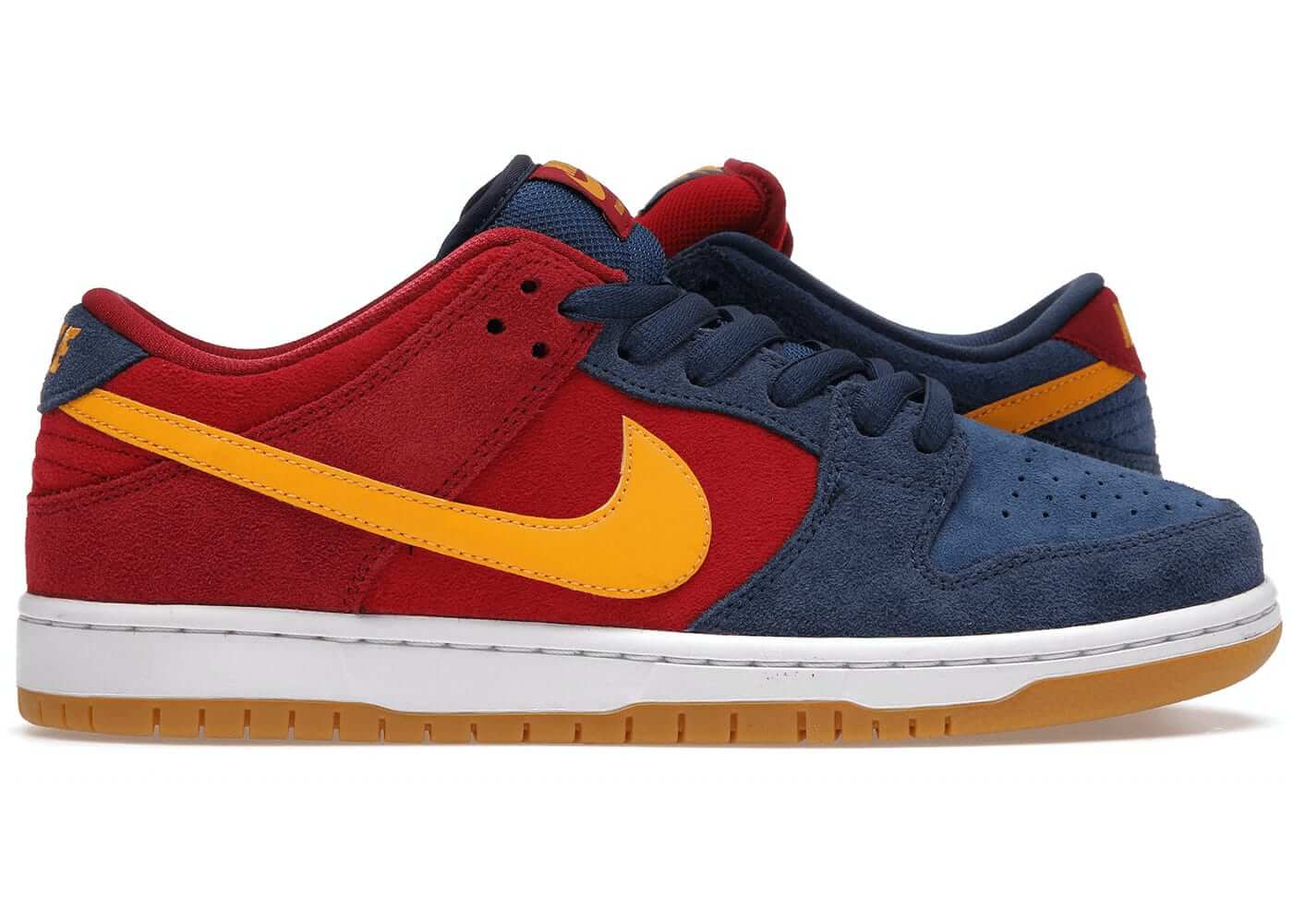 Nike SB Dunk Low Barcelona sneakers in red and navy with yellow accents, 100% authentic, available for next day shipping.