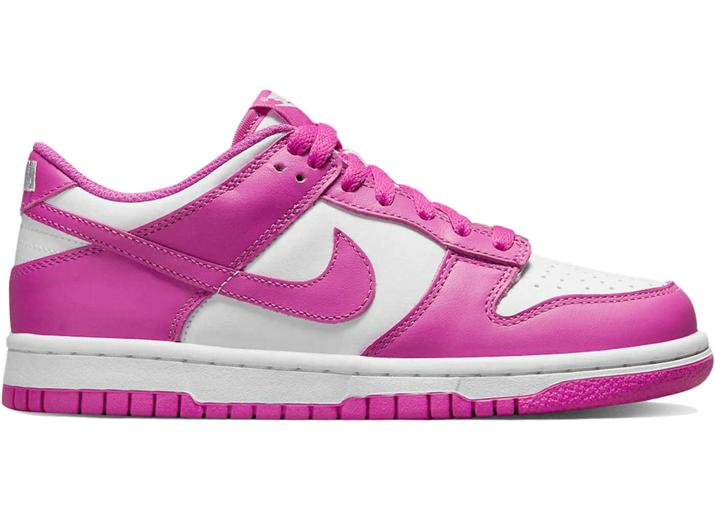 Nike Dunk Low Active Fuchsia (GS) sneakers featuring a vibrant fuchsia colorway with white accents, brand new and authentic.