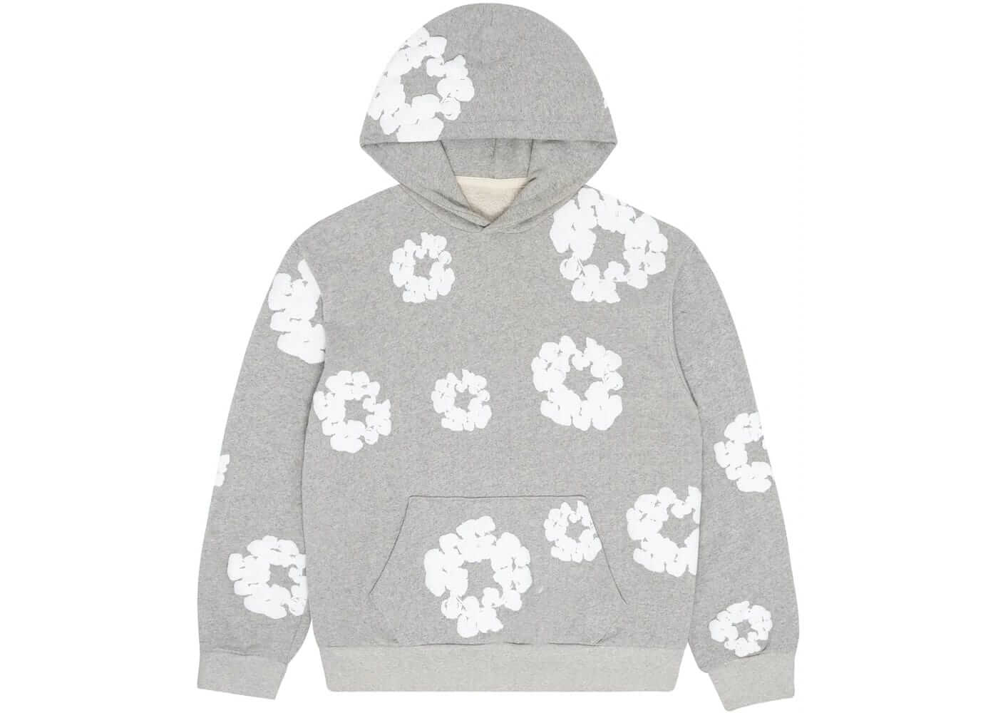 Denim Tears The Cotton Wreath Sweatshirt in grey with white floral designs, featuring a hood and front pocket.