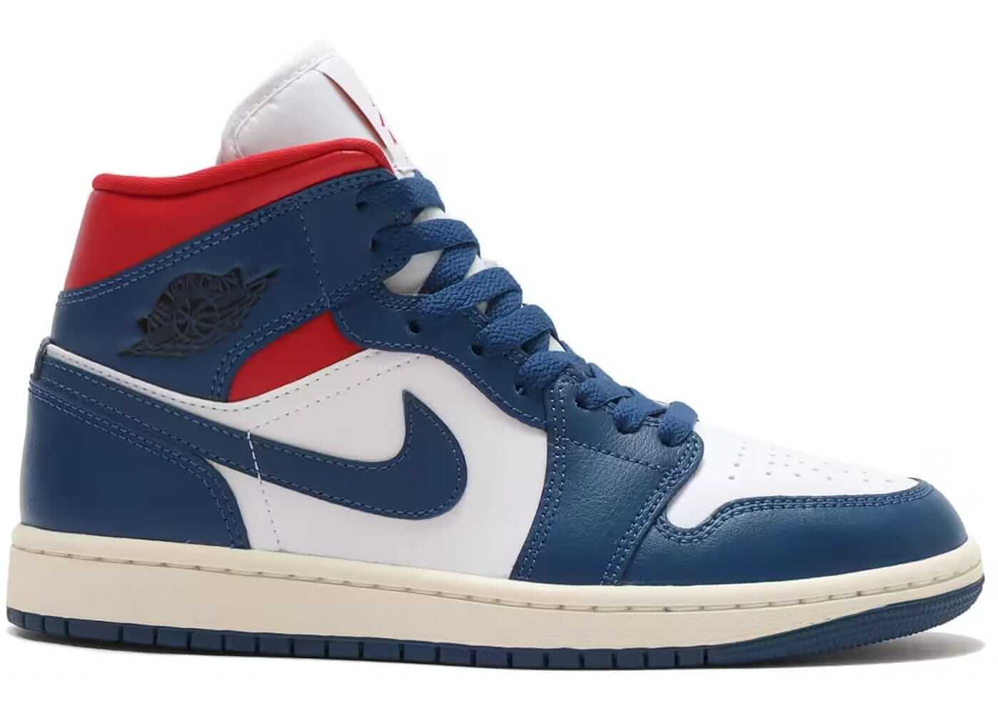 Jordan 1 Mid French Blue Gym Red women's sneakers showcasing a stylish blend of blue, red, and white colors.