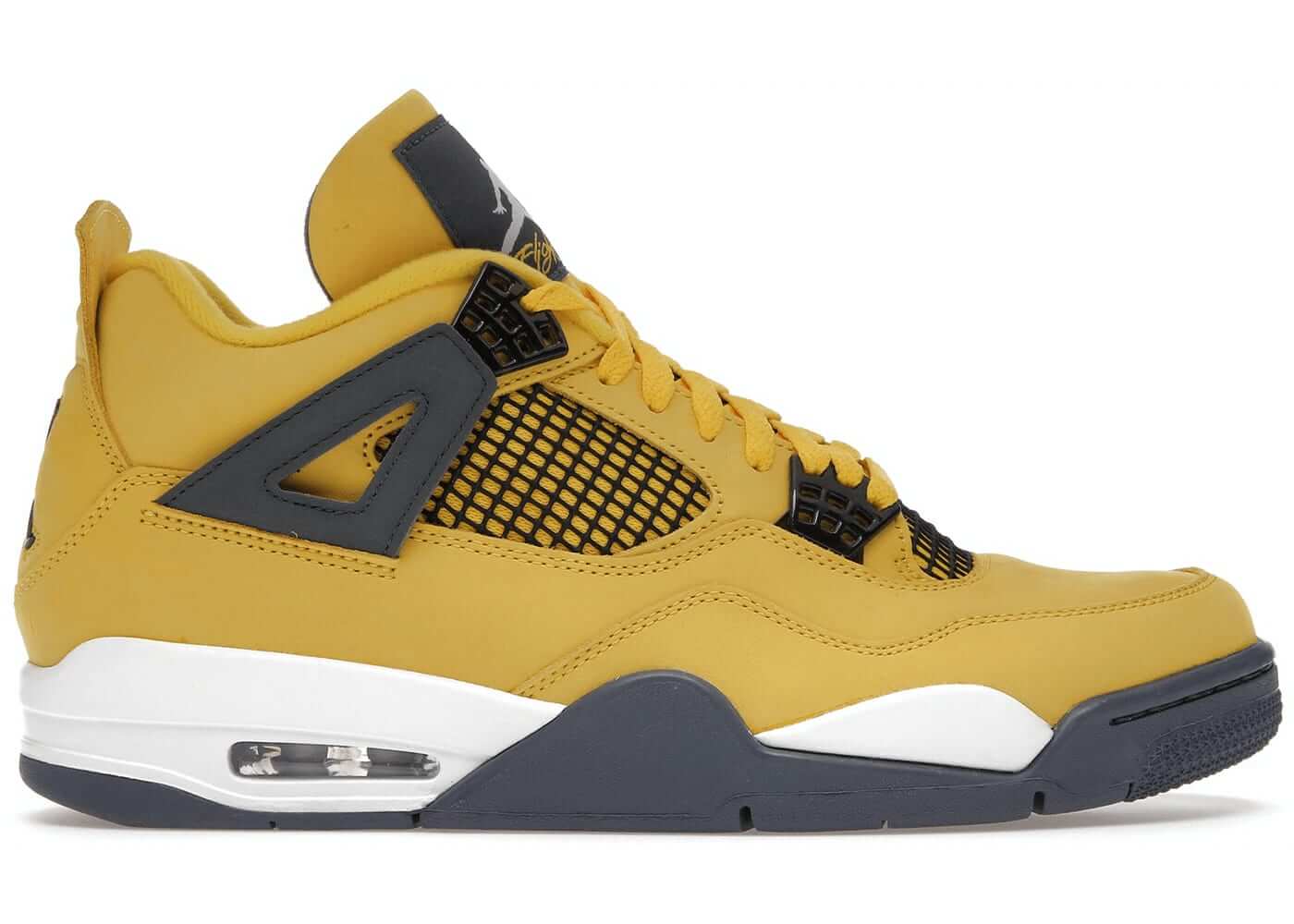 Jordan 4 Retro Lightning (2021) in yellow and black, displaying stylish design and classic sneaker silhouette.