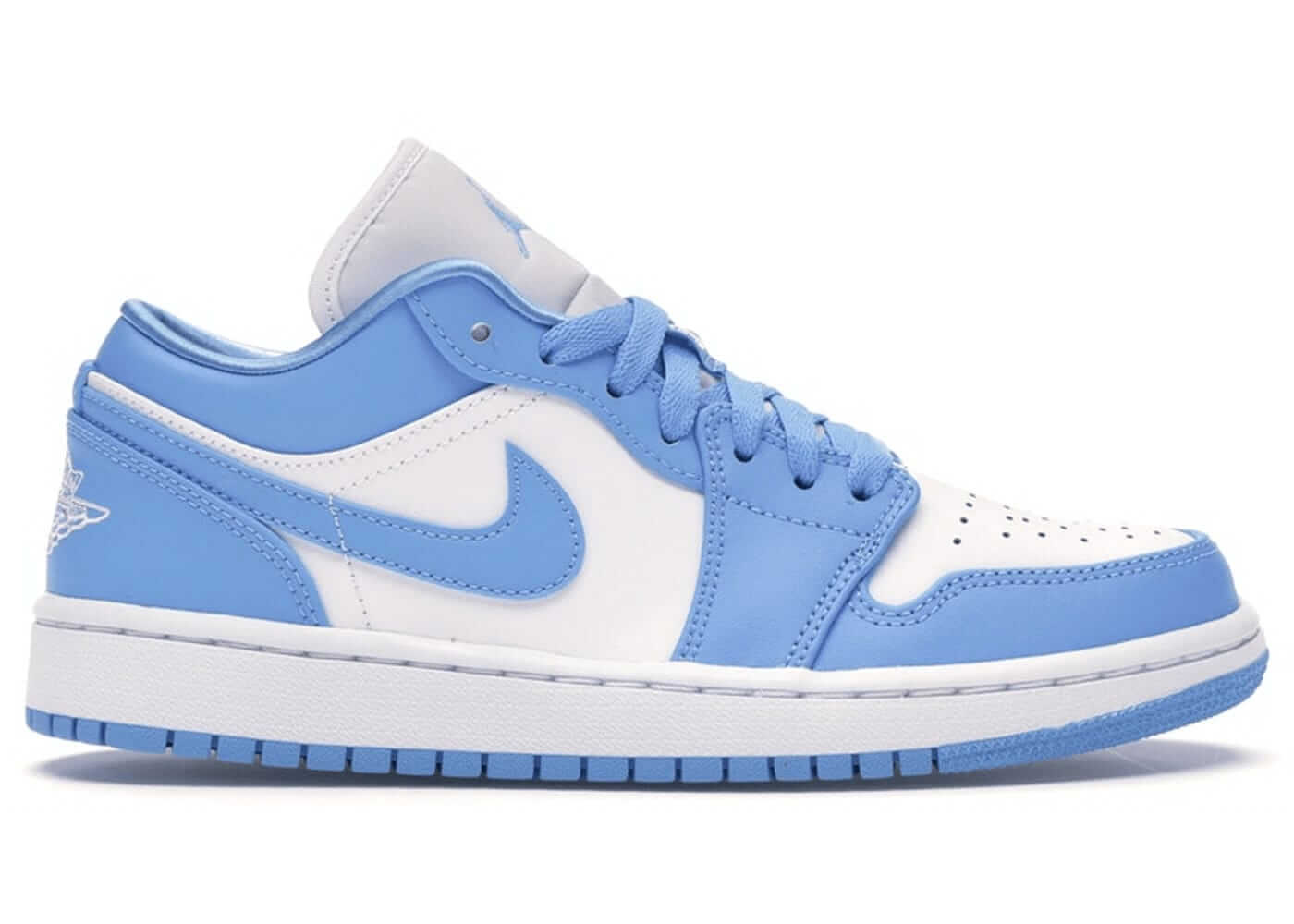 Jordan 1 Low UNC Women's sneakers in light blue and white colorway, 100% authentic with next day shipping available.
