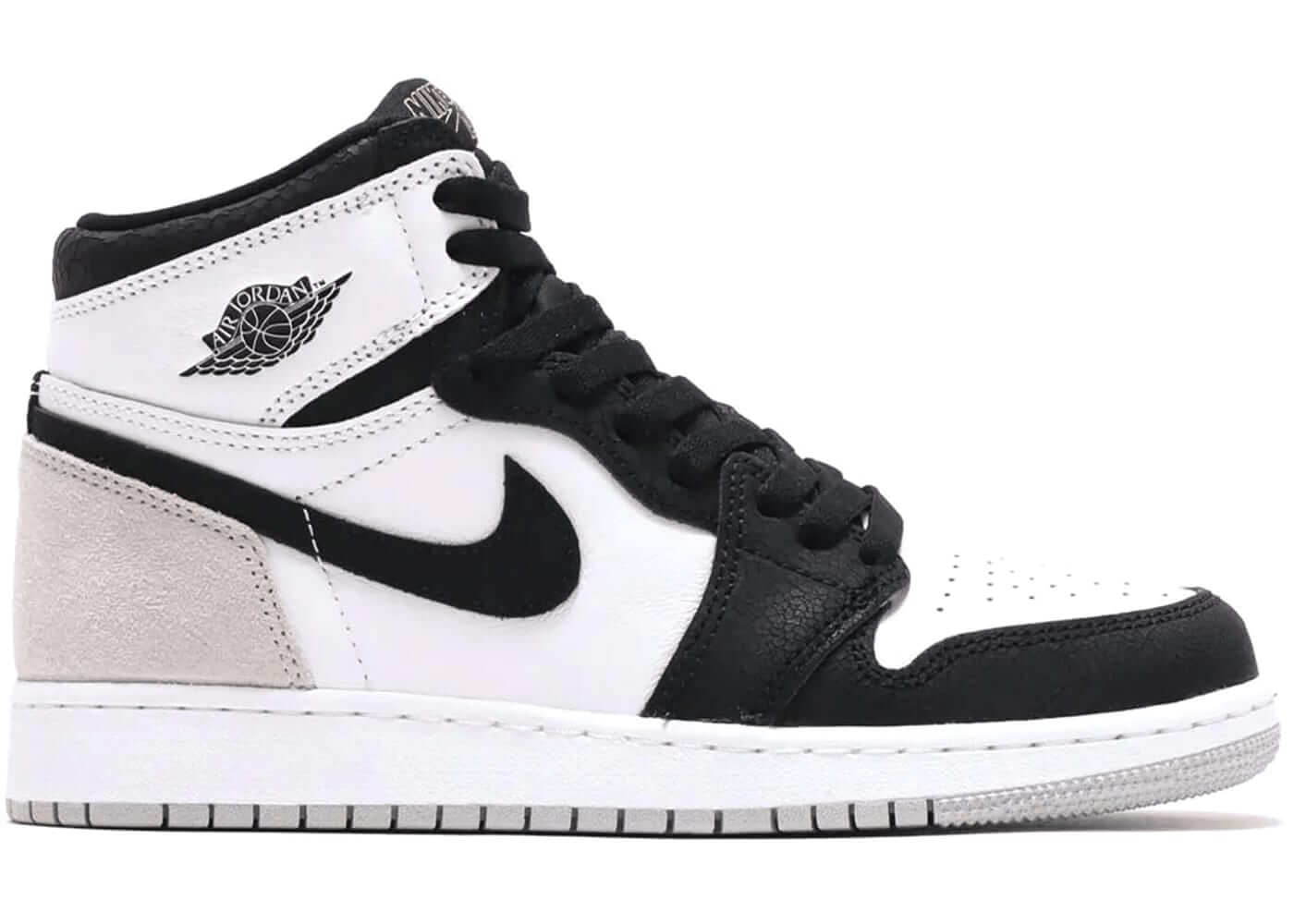 Jordan 1 Retro High OG Bleached Coral GS sneaker in black, white, and gray design, perfect for stylish casual wear.