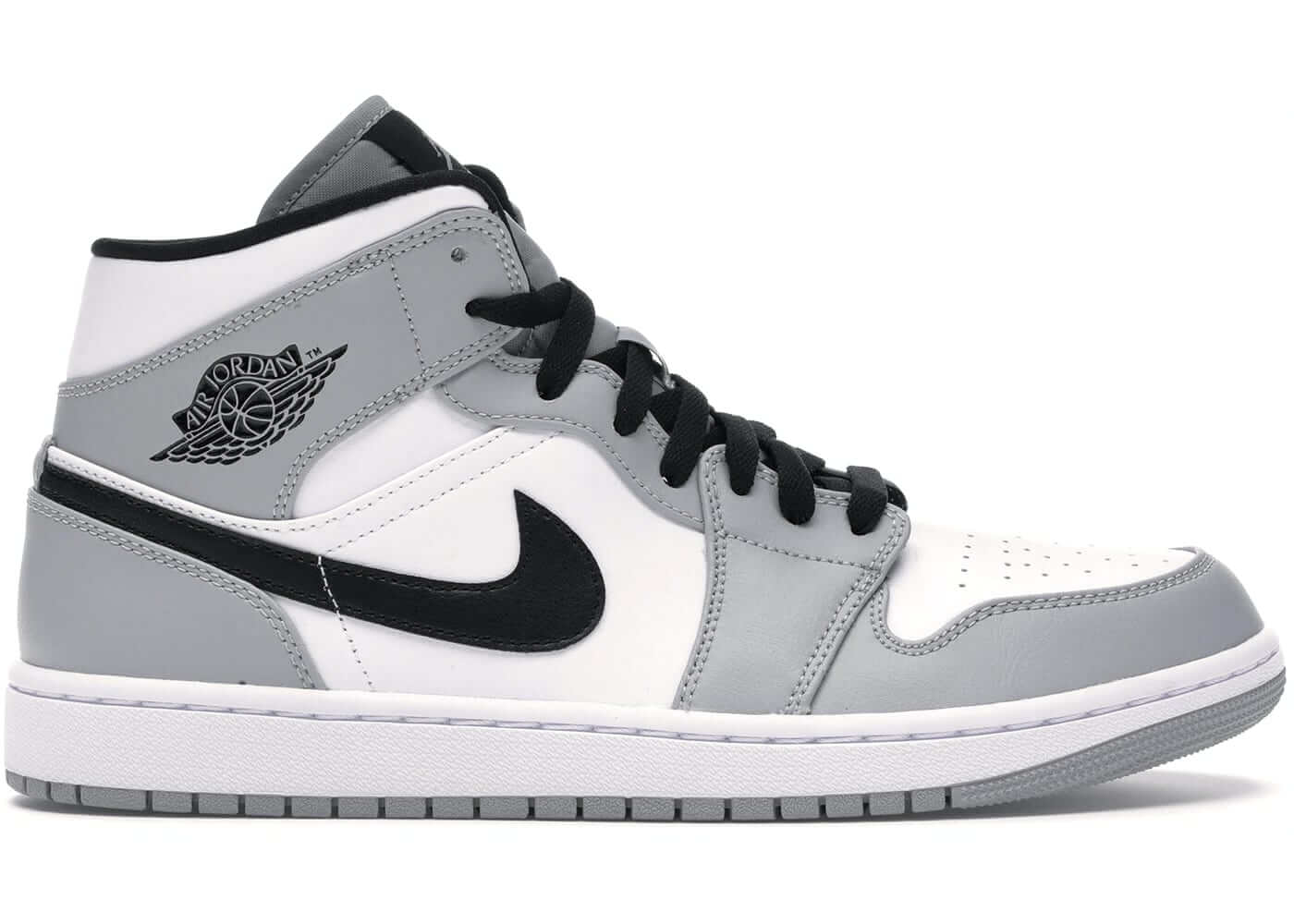 Jordan 1 Mid Light Smoke Grey sneakers in grey and white, 100% authentic, available for next day express shipping.