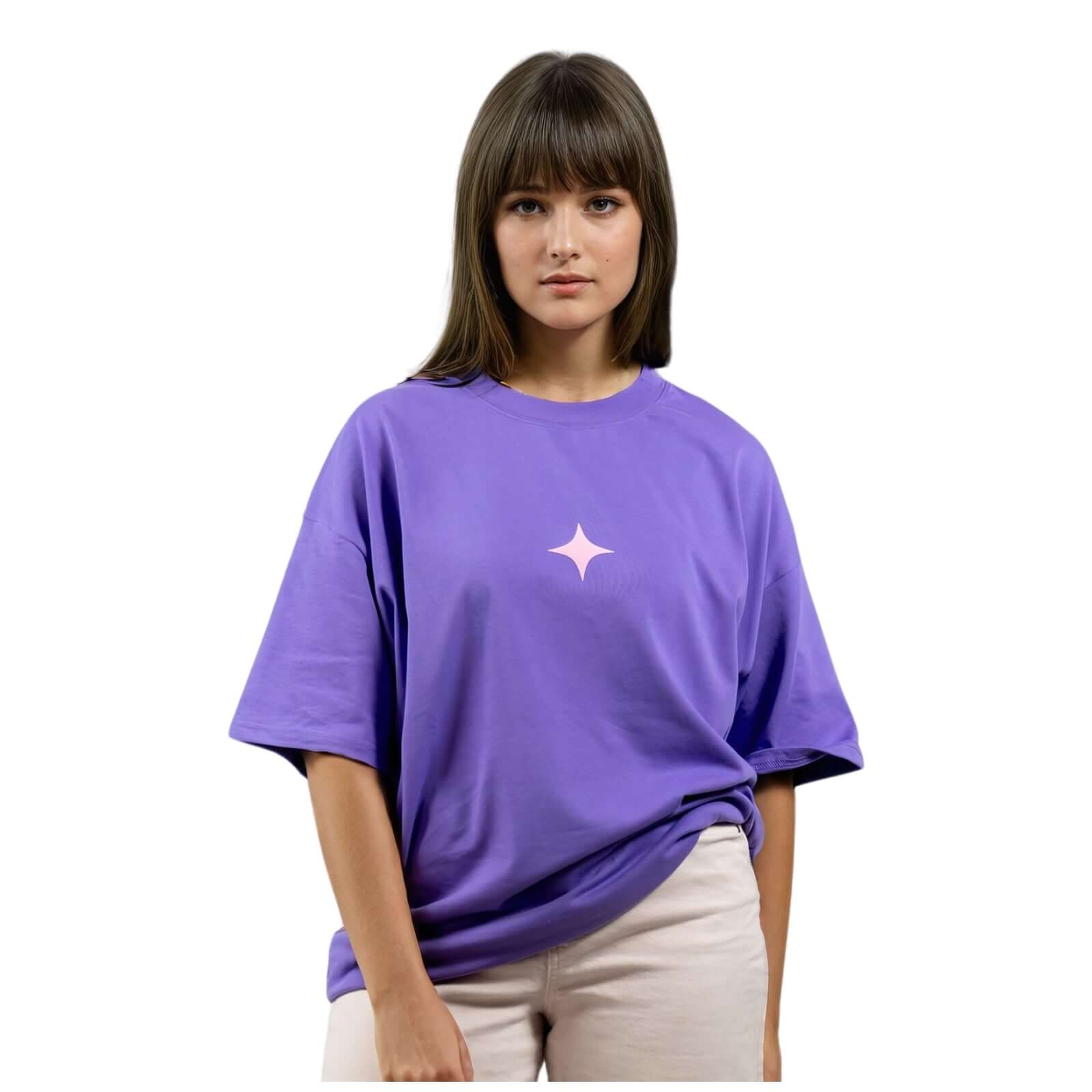 Model wearing Sanity purple tee with light pink print and oversized fit, showcasing comfort and style.