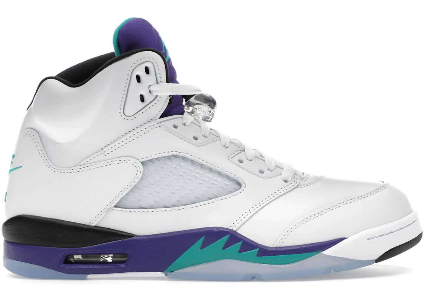 Jordan 5 Retro Grape 2025 sneaker in white, grape ice, and new emerald colorway with iconic design features.