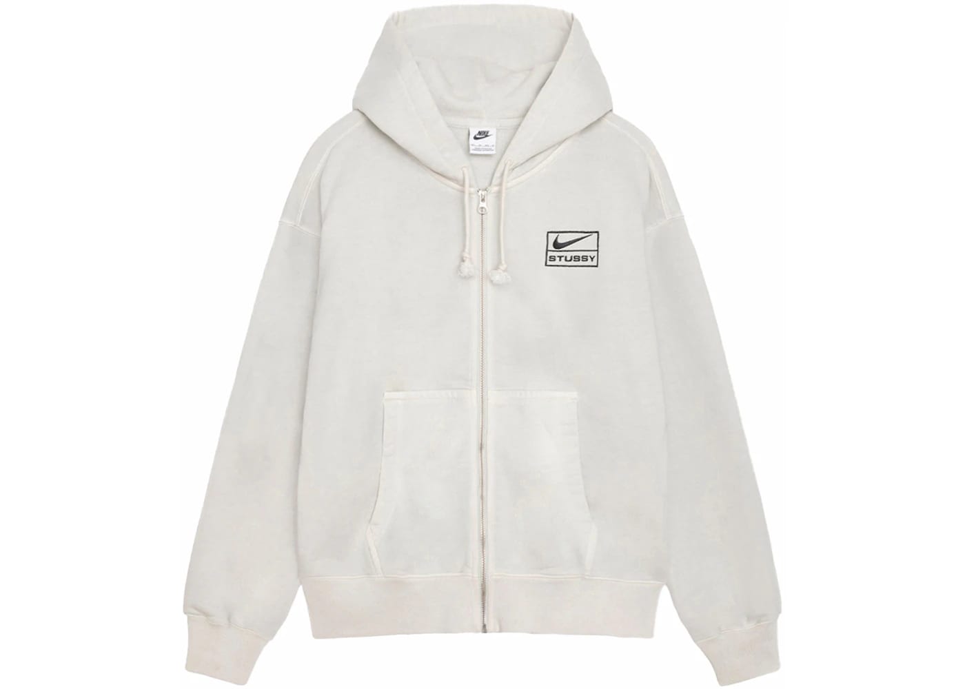 Stussy x Nike Pigment Dyed Fleece Zip Hoodie in Light Bone, featuring a front pocket and logo design.
