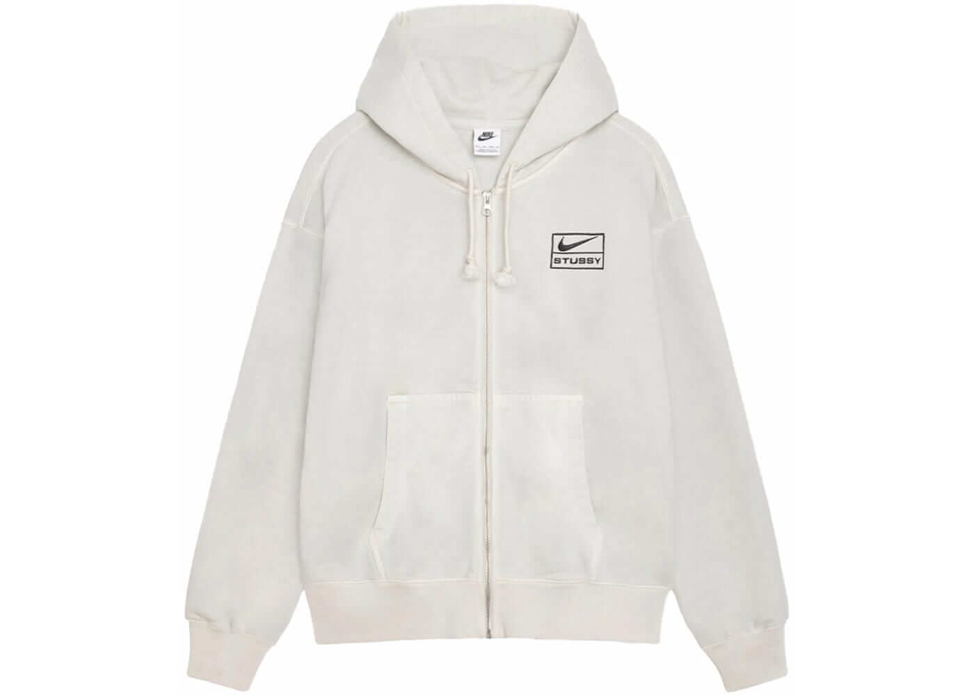 Stussy x Nike Pigment Dyed Fleece Zip Hoodie in Light Bone, featuring a front pocket and logo design.