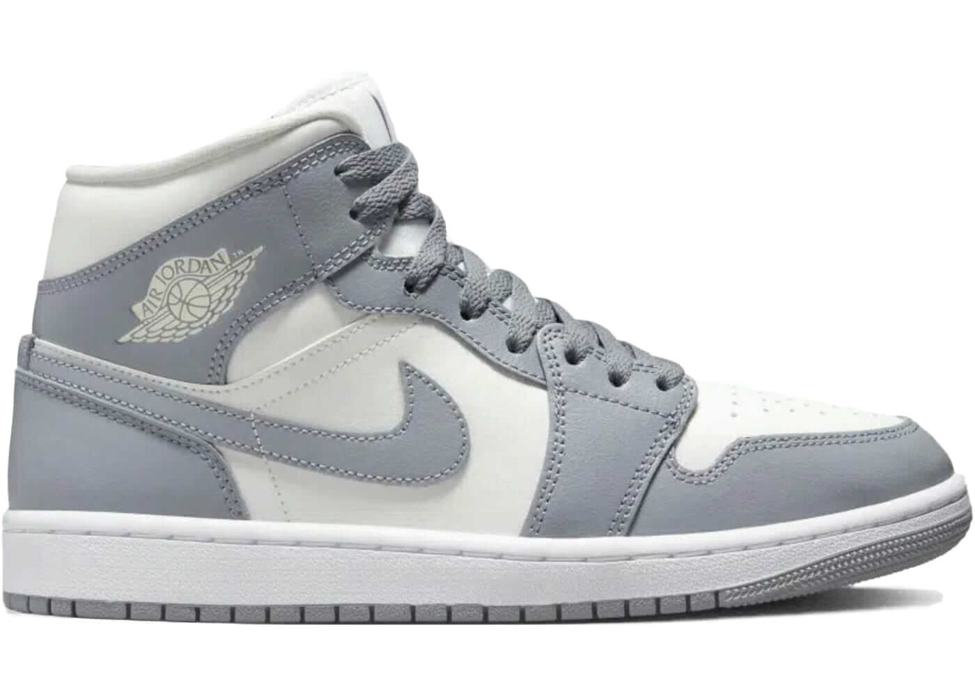 Jordan 1 Mid Stealth for Women in gray and white, 100% authentic, available for next day express shipping.