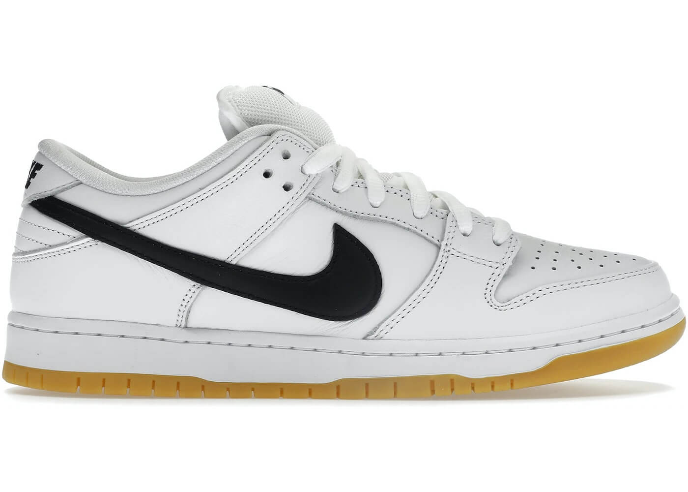 Nike SB Dunk Low Pro in white and black with gum sole, featuring stylish design and comfortable fit, perfect for skateboarding.