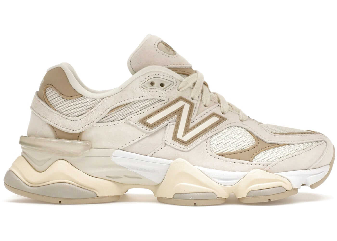 New Balance 9060 Sea Salt Brown sneakers side view, showcasing stylish design and colors, perfect for casual wear.
