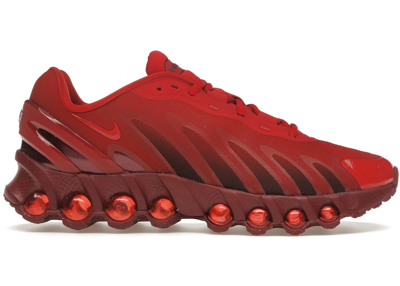 Nike Air Max Dn8 University Red women's sneaker showcasing dynamic design and Air unit technology.
