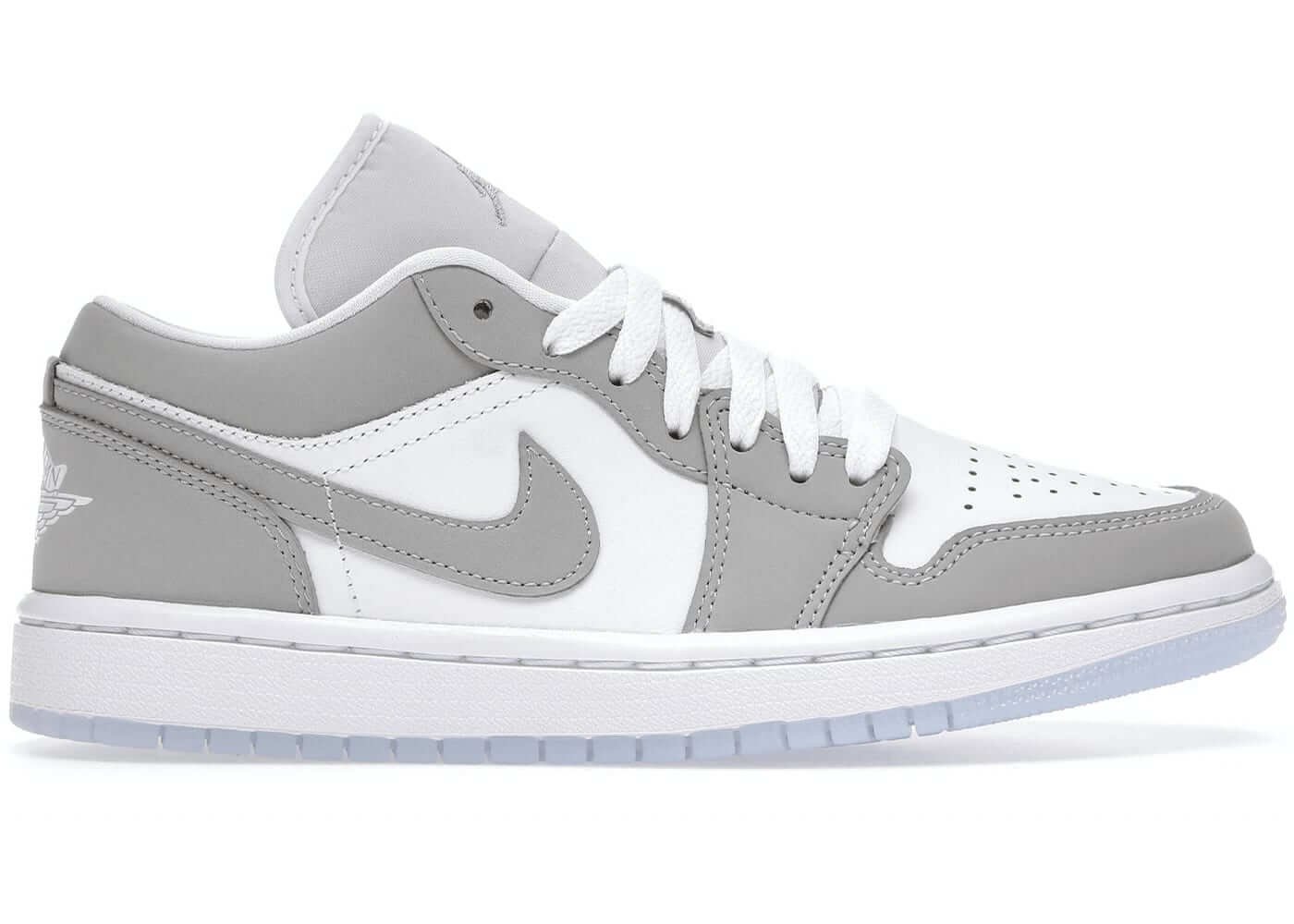 Jordan 1 Low Wolf Grey women's sneakers, authentic 2021 model, stylish design with white and grey color scheme.