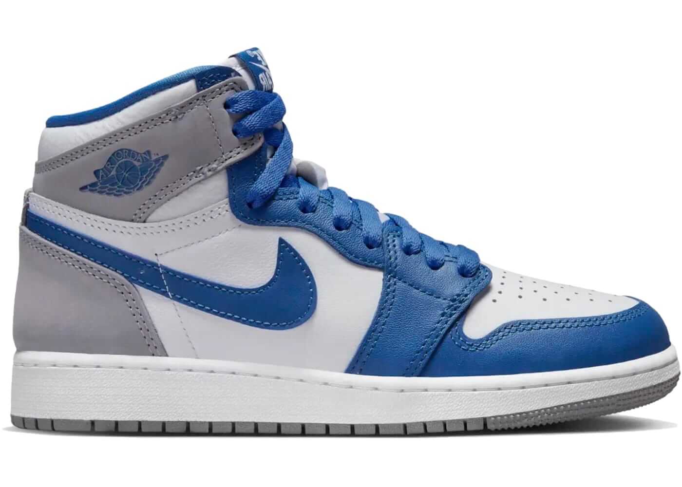 Jordan 1 Retro High OG True Blue (GS) sneakers in blue and gray, 100% authentic, available for next day shipping.