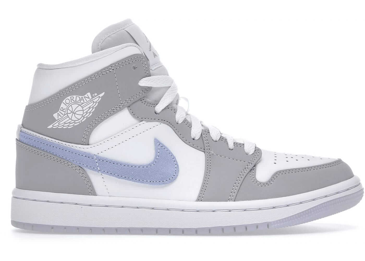 Jordan 1 Mid Wolf Grey Aluminum Women's sneaker with grey and blue accents, 100% authentic, next day shipping.
