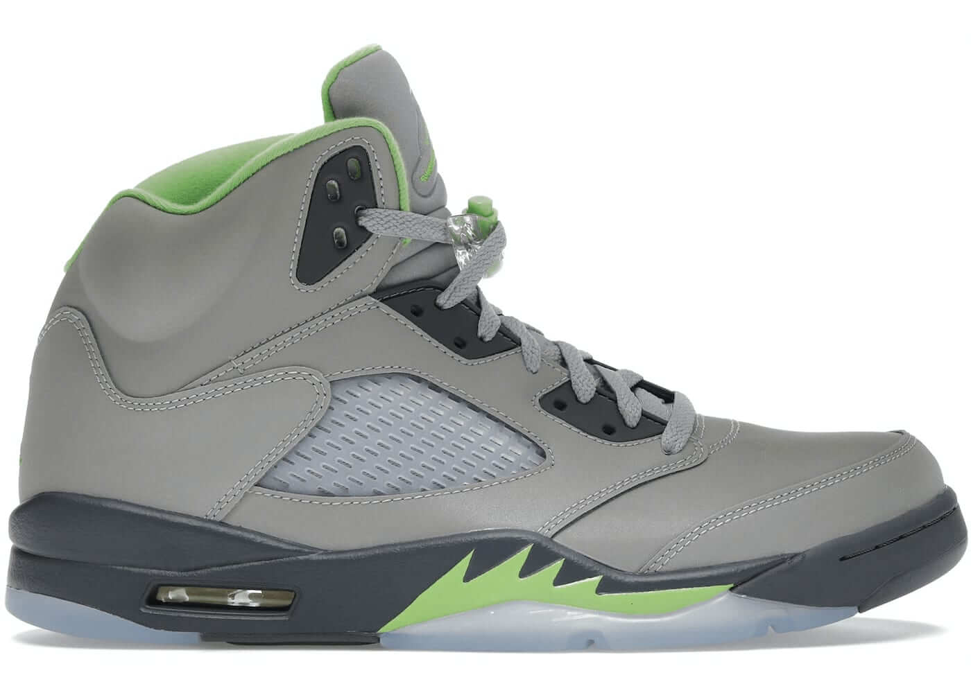 Air Jordan 5 Retro Green Bean (2022) sneaker in grey with green highlights, stylish and iconic design.