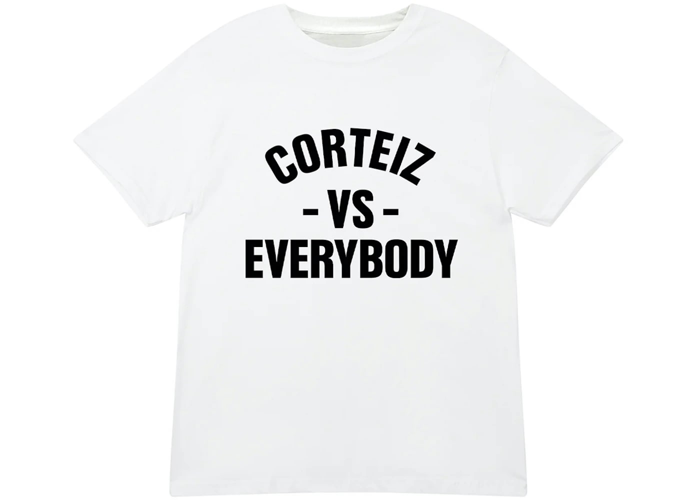 Corteiz VS Everybody white tee featuring bold black graphic design, crafted from 100% cotton for a true-to-size fit.