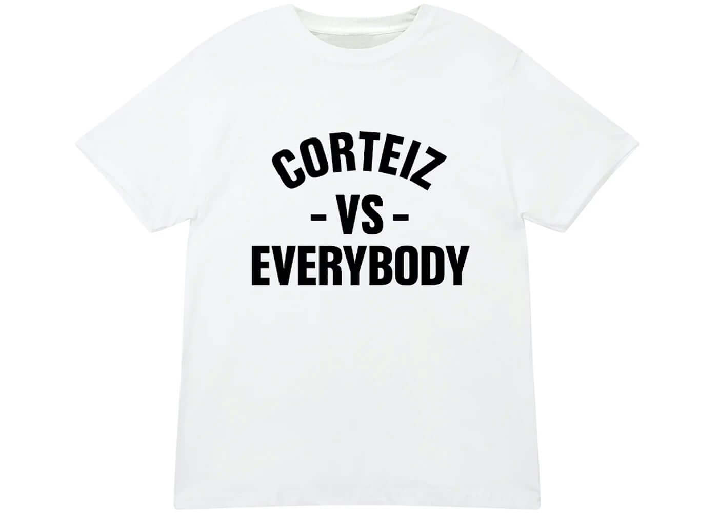 Corteiz VS Everybody white tee featuring bold black graphic design, crafted from 100% cotton for a true-to-size fit.