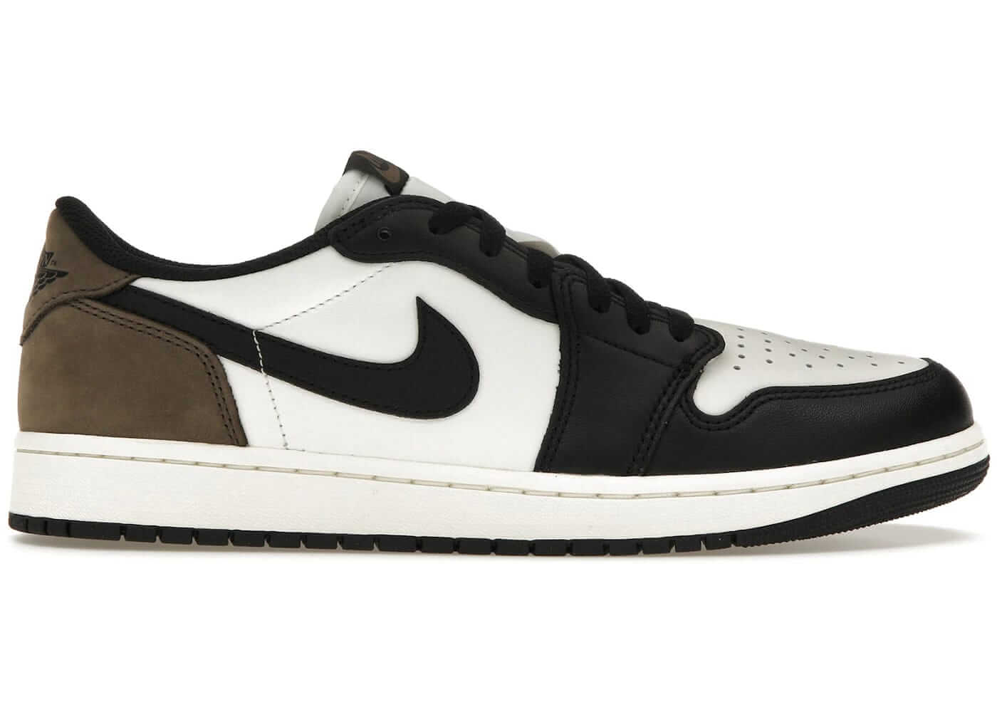 Jordan 1 Retro Low OG Mocha sneaker in black, white, and mocha colorway. 100% authentic, next day express shipping.