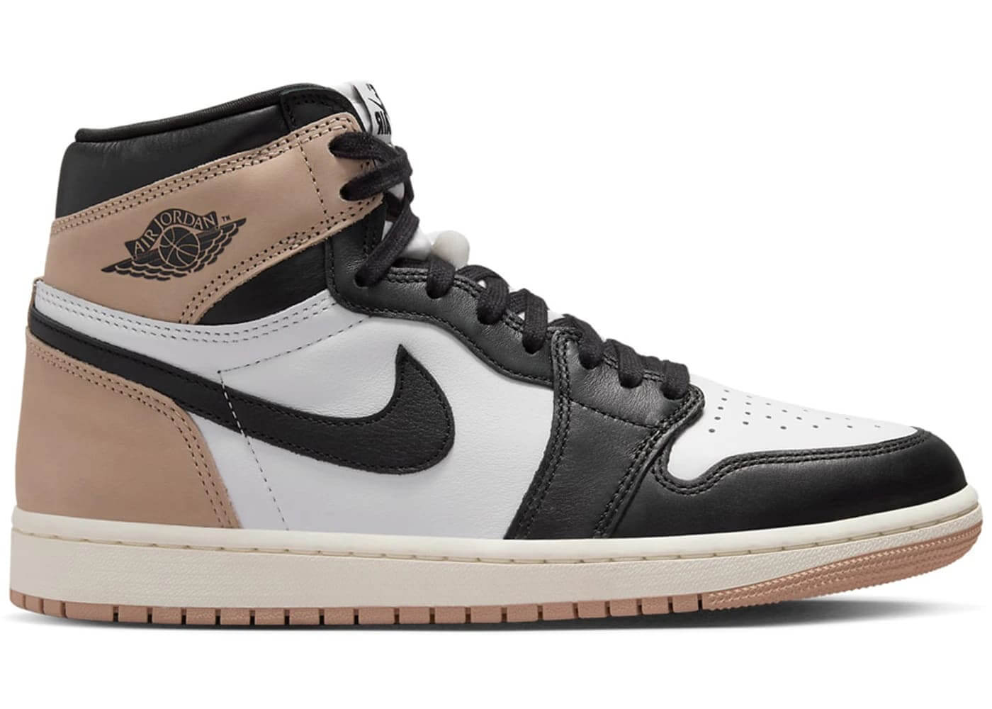 Jordan 1 Retro High OG Latte women's sneaker in black, white, and beige with classic design and iconic branding.