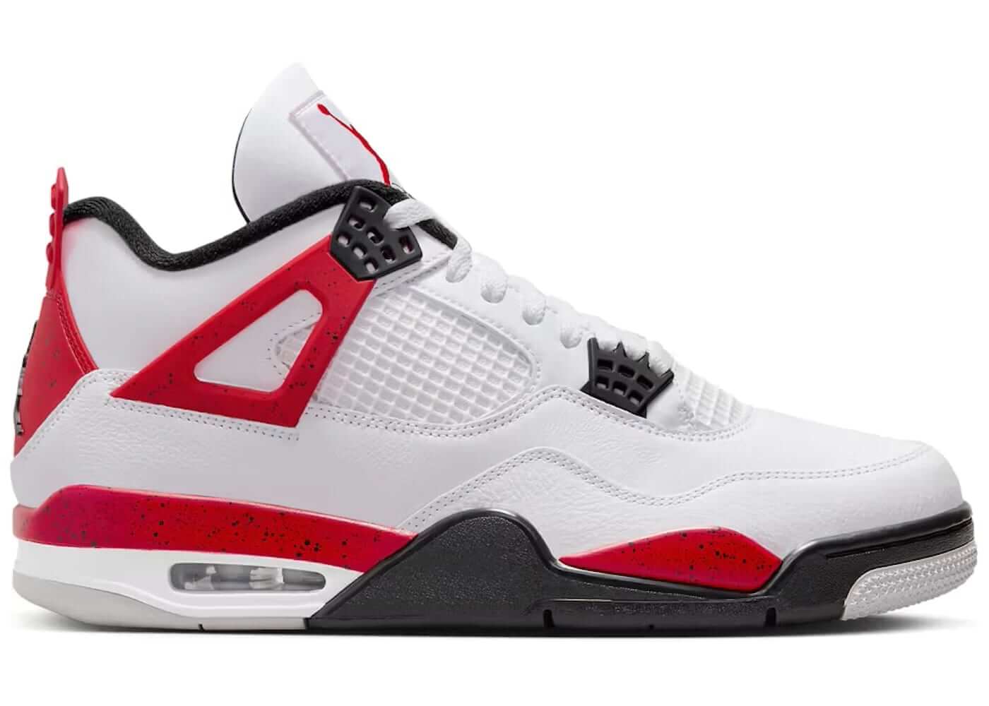 Jordan 4 Retro Red Cement sneakers, brand new and 100% authentic, featuring a white and red colorway with a black sole.
