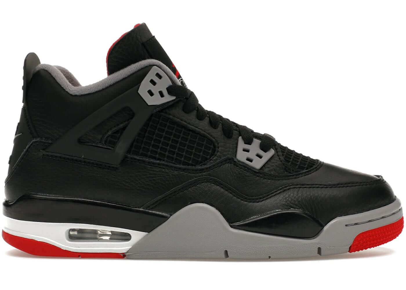 Jordan 4 Retro Bred Reimagined (GS) sneaker in black, red, and gray for kids, featuring iconic design and premium quality.