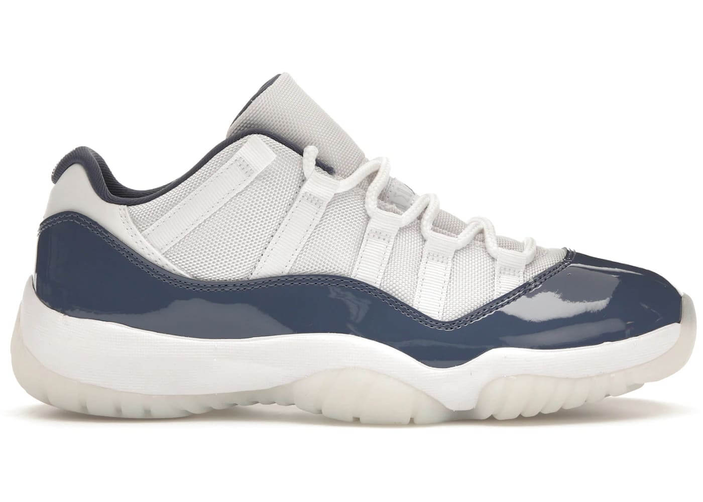 Jordan 11 Retro Low Diffused Blue sneaker featuring a sleek white and navy design, perfect for casual and sporty looks.