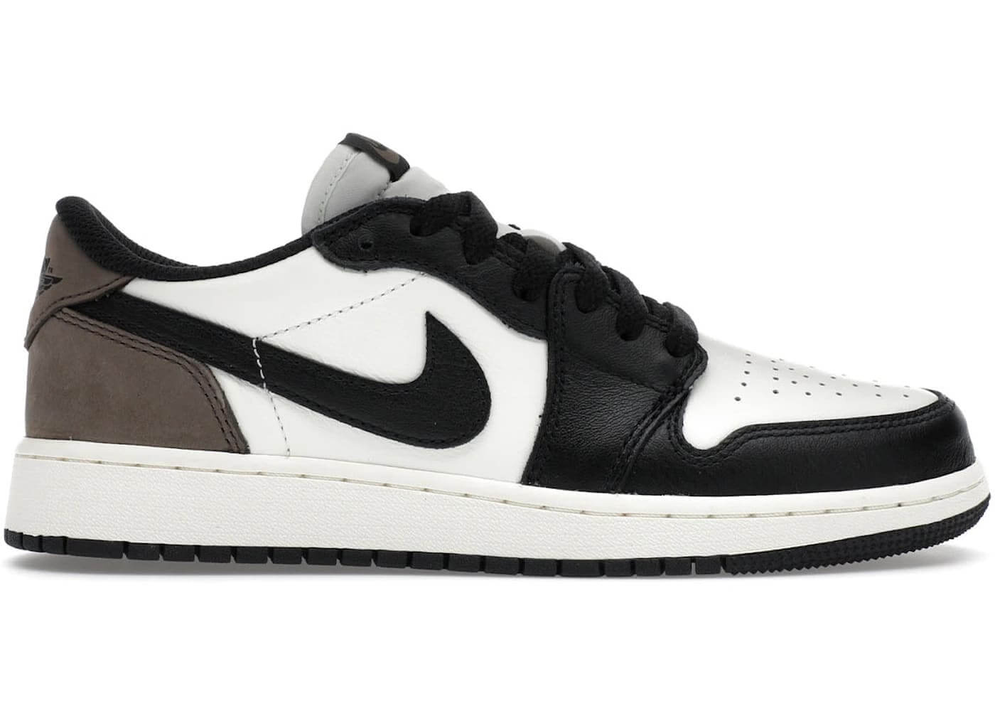 Jordan 1 Retro Low OG Mocha (GS) sneakers featuring black, white, and mocha brown leather design.