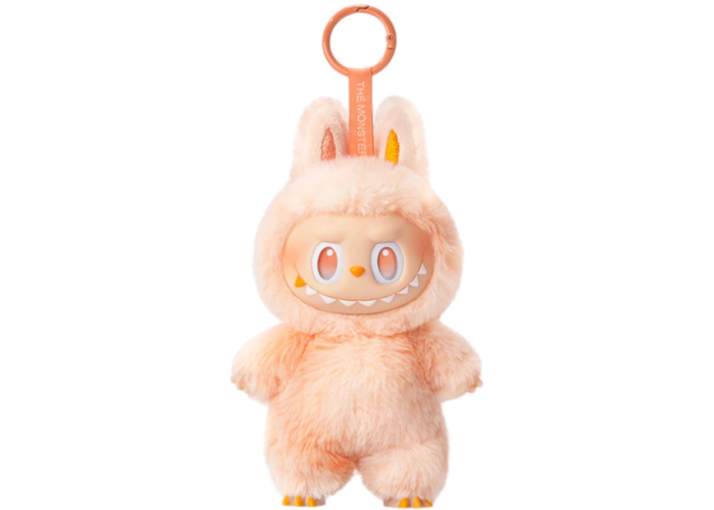 Pop Mart Labubu vinyl plush pendant with happy face, featuring bunny ears and soft texture, ideal for bags or display.