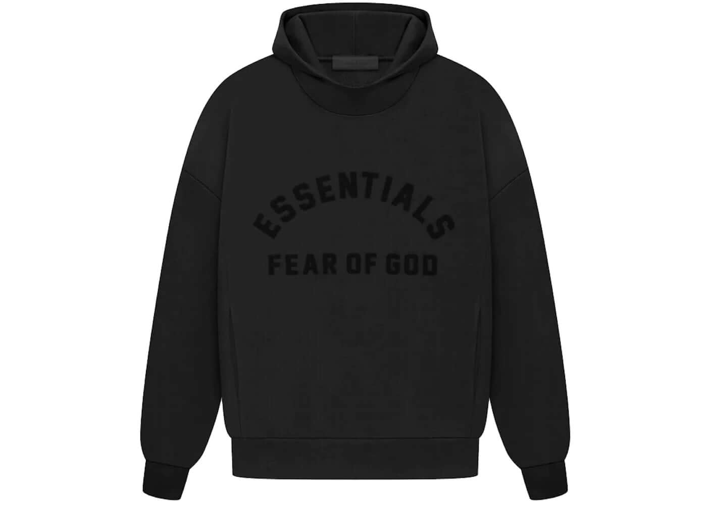Fear of God Essentials Arch Logo Hoodie in Jet Black, featuring a cropped silhouette and mock neckline.