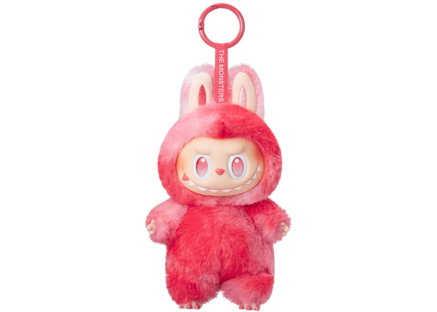 Pop Mart Labubu plush pendant in pink, featuring adorable bunny ears and playful expression, ideal for collectors.