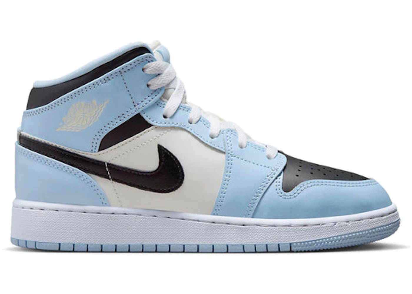 Jordan 1 Mid Ice Blue (GS) sneaker with light blue and black design, 100% authentic, available for next day shipping.